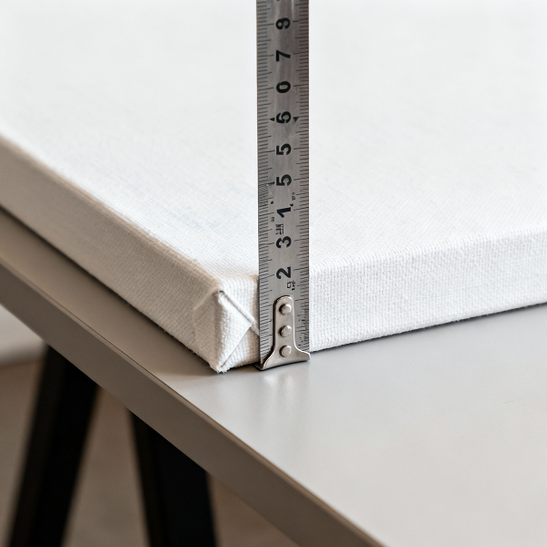 Side view of a stretched canvas with a ruler measuring the depth of the stretcher bars