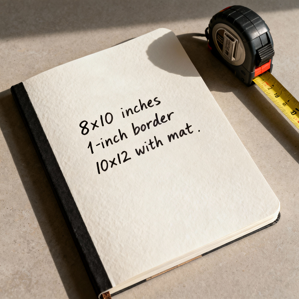 Notebook page with written artwork measurements and a tape measure beside it